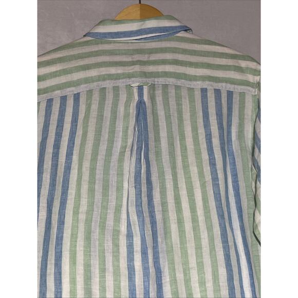 Talbots Linen Shirt Womens MP Striped Blue Green Cropped Boxy Button Up Blouse - Picture 4 of 14